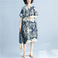 WTEMPO Plus Size Cotton and linen Flower Printing Women Dress Summer Short Sleeve Round Neck Long Dress Casual Mid-calf Length