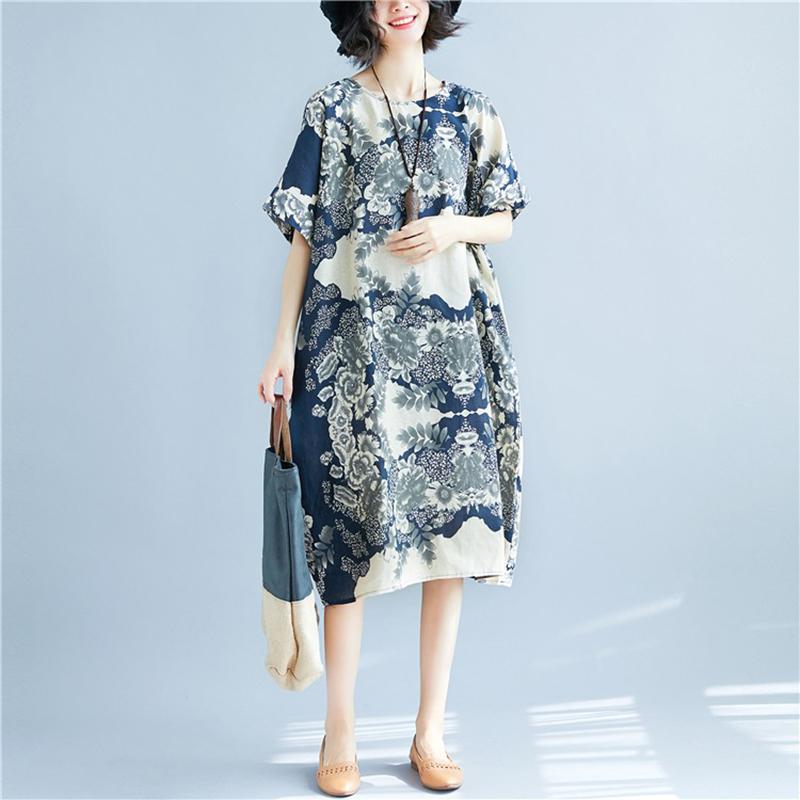 WTEMPO Plus Size Cotton and linen Flower Printing Women Dress Summer Short Sleeve Round Neck Long Dress Casual Mid-calf Length