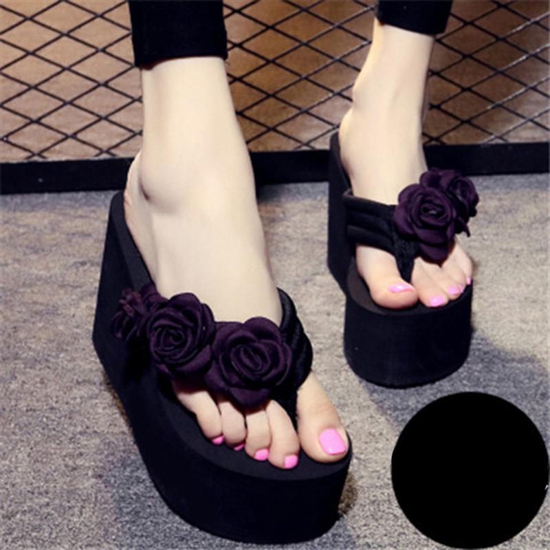 Women's Large Size High-heeled Word Drag Female Slip Fashion Beach Sandals Sandals and Slippers DIY Flowers Sandals Simple