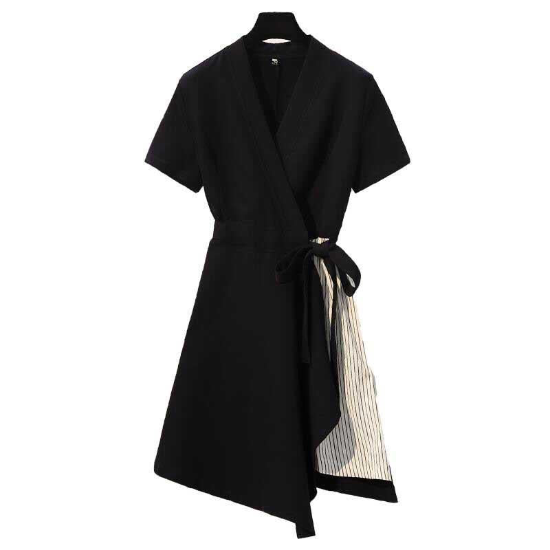 Pofulove M-4XL Summer Women High Quality Cotton Black V-neck Thin Stripe Dress Office Ladies Dress