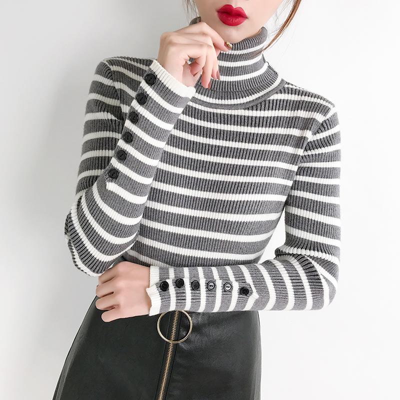 Slim Fit Striped Sweater Winter Pullover Turtleneck Knitted Bottoming Shirt Thickened