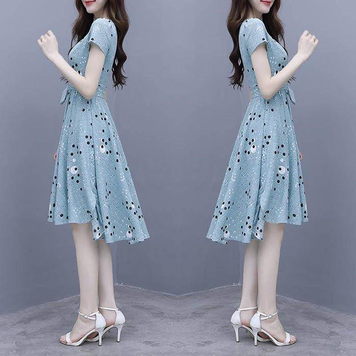 Pofulove S-3XL Women O-neck Off Shoulder Chiffon Polka Dot Dress Slim Sexy Mid-length A-line Dress