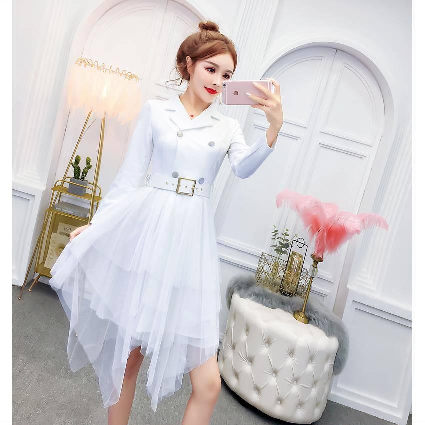 High Cold Irregular Suit Skirt Waist Was Thin Double-breasted Mesh Gauze Jacket Dress