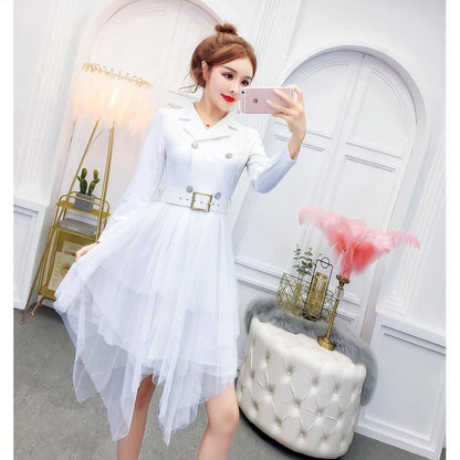 High Cold Irregular Suit Skirt Waist Was Thin Double-breasted Mesh Gauze Jacket Dress