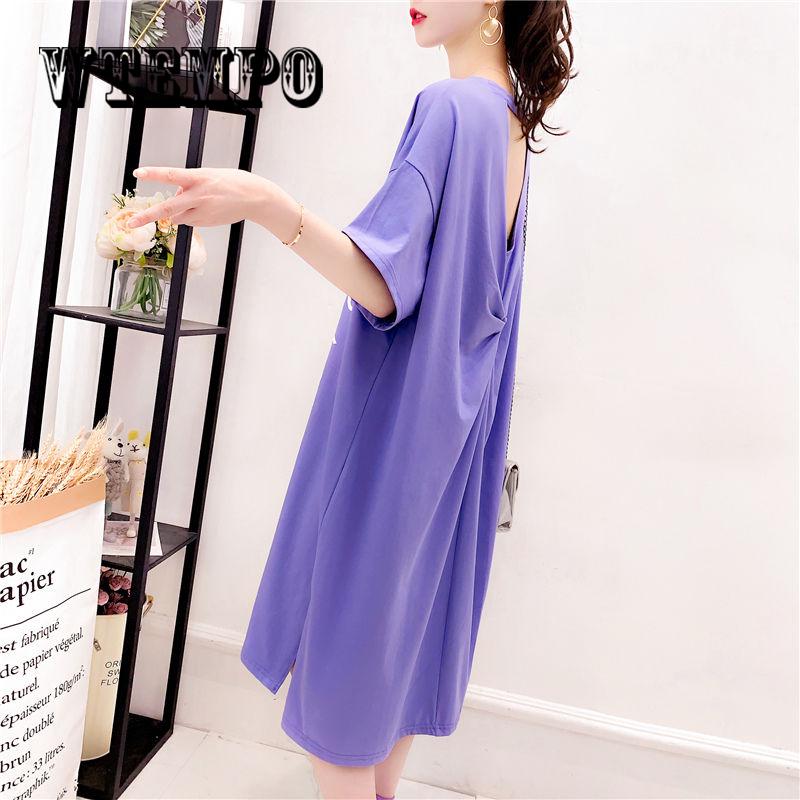 2019 Summer Korean Casual Women Dress Loose Cotton O Neck Short Sleeve Tshirt Dress Plus Size