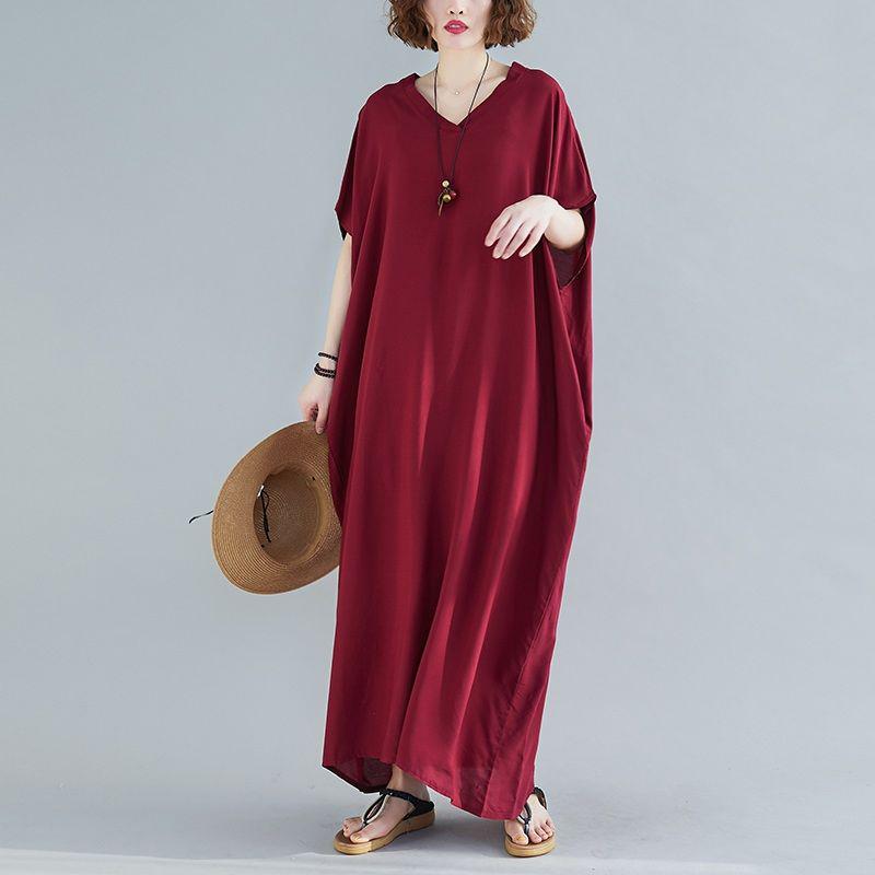 WTEMPO Plus Size Women Dress Summer V-neck Solid Color Long Dress Casual Bohemia Long Robe Full Length