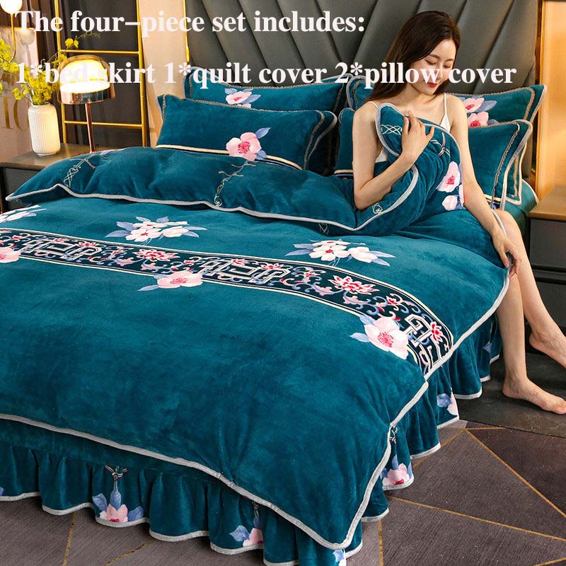 Winter Thick Milk Velvet Four-piece Bed Skirt Plus Velvet Warmth Double-sided Velvet Duvet Cover Bedding Set