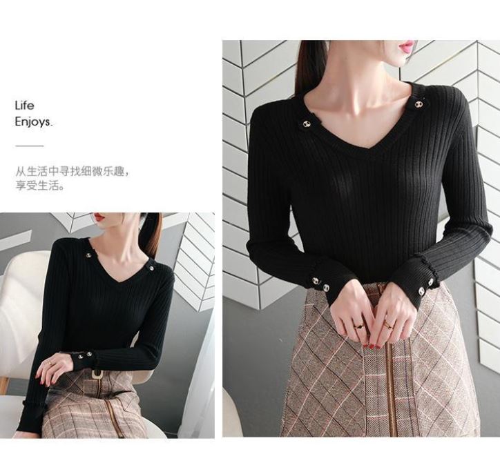 Women's V-Neck Knit Sweater Fashion Slim Solid Color Sweater Outer Wear Pullover