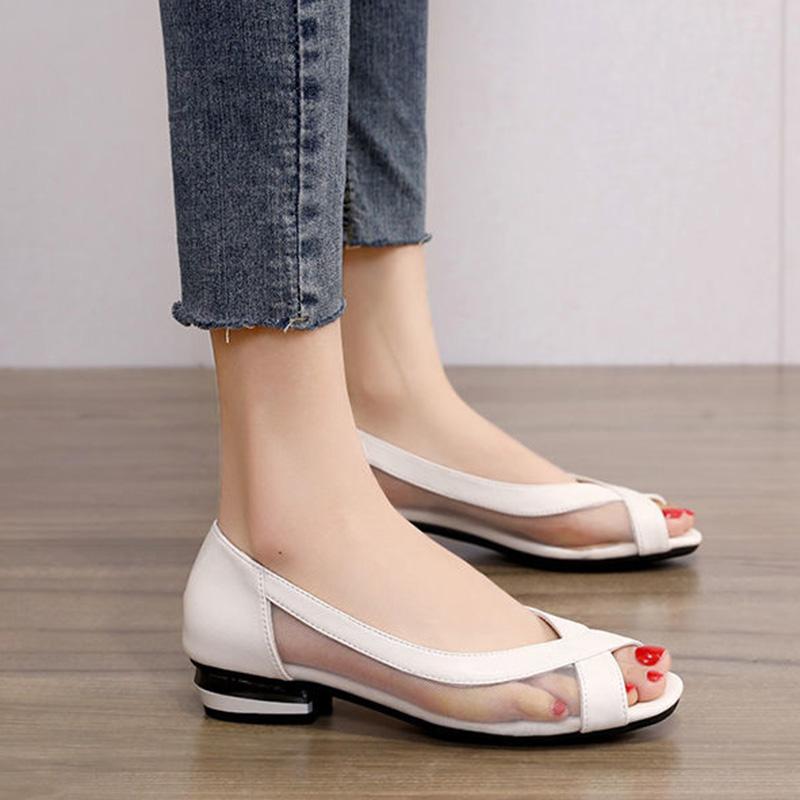 Mesh Sandals Women's Fashion All-match Single Shoes Summer Low-heel Soft Leather Fish Mouth Women's Shoes Summer Flat Shoes