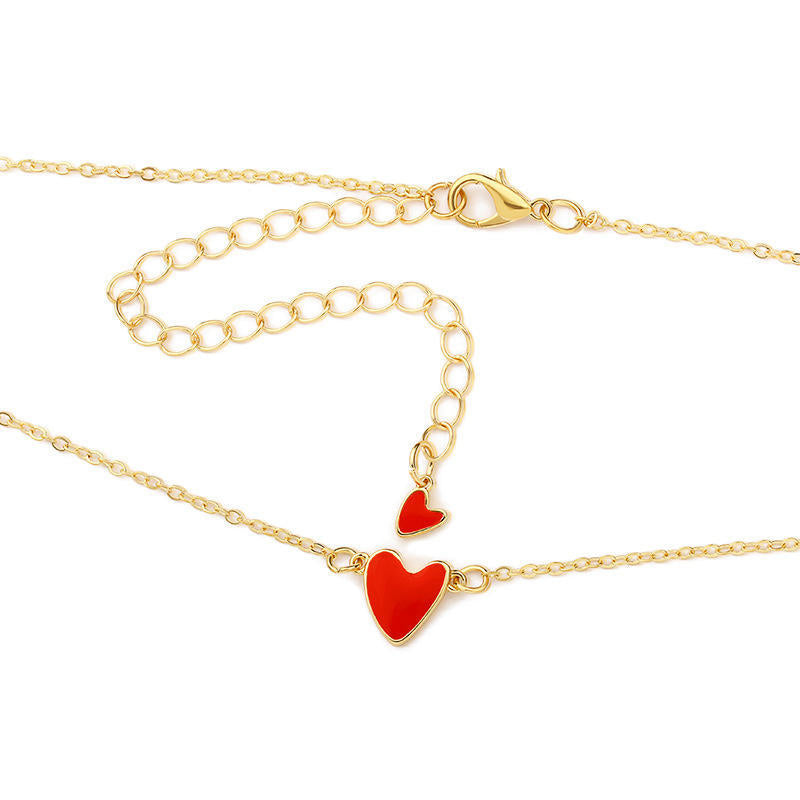 Girl Heart Red Drops Oil Simple Double Love Clavicle Chain Necklace