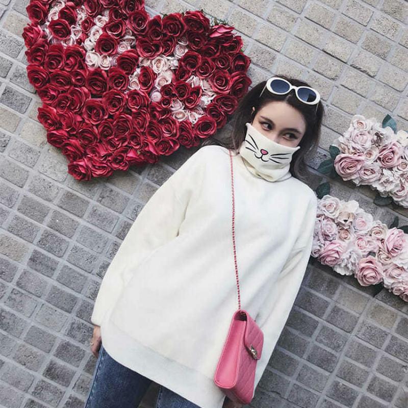 Lady Simple Color Slim Knitwear Turtleneck Bottoming Top Bunny Embroidery Pullover Sweater