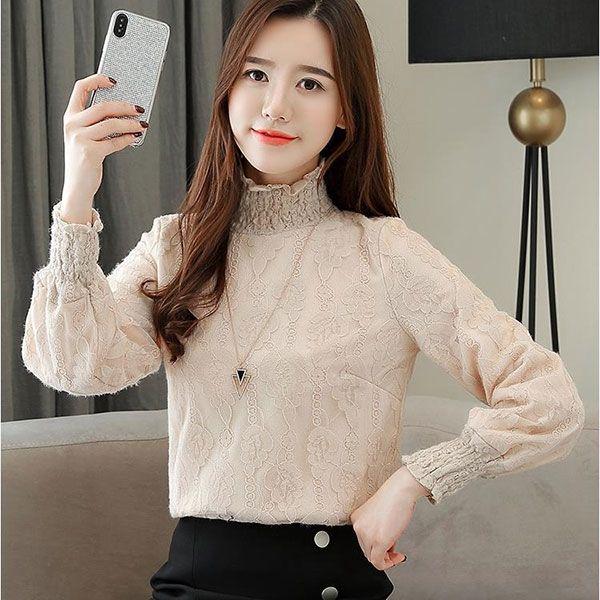 Genuine Fashion Trend Lace Bottoming Shirt Autumn and Winter Plus Velvet Thickening Warm High Neck Long Sleeve Women Sweater