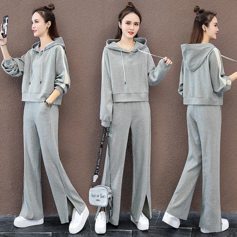 Suit Cotton-containing Leisure Sports Suit Hooded Long-sleeved Hoodie Wide Leg Pants Two-piece Women's Loose Suit Casual Wear