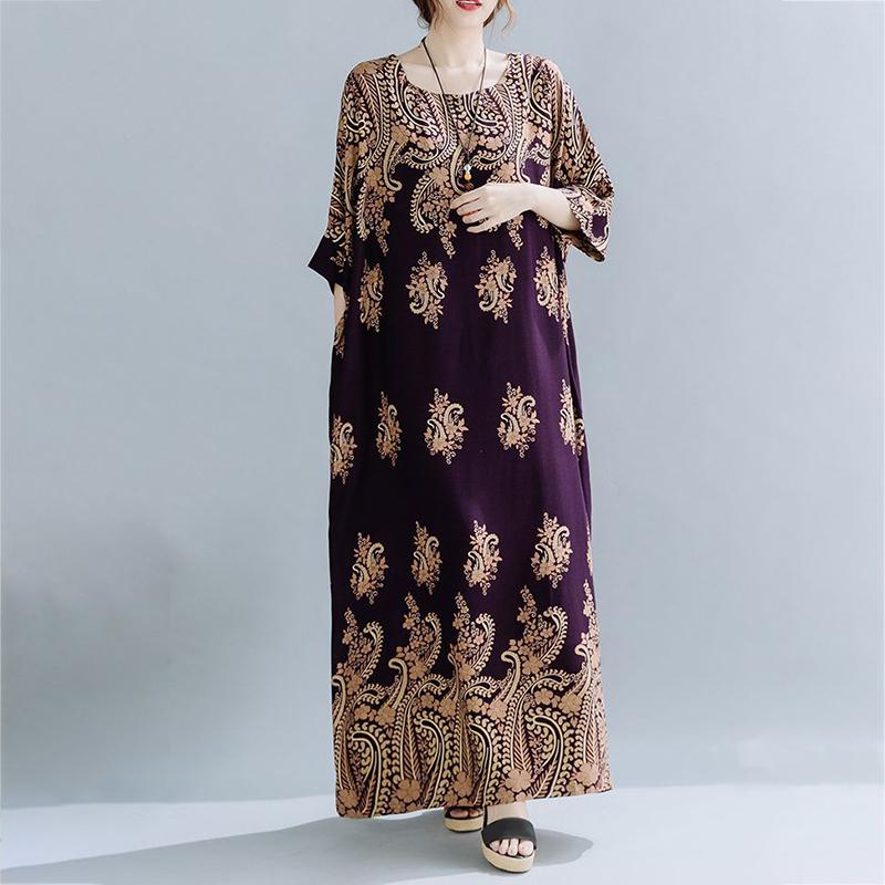 WTEMPO Plus Size Women Dress Summer Short Sleeve Round Neck Long Dress Casual Full Length Bohemia Long Robe