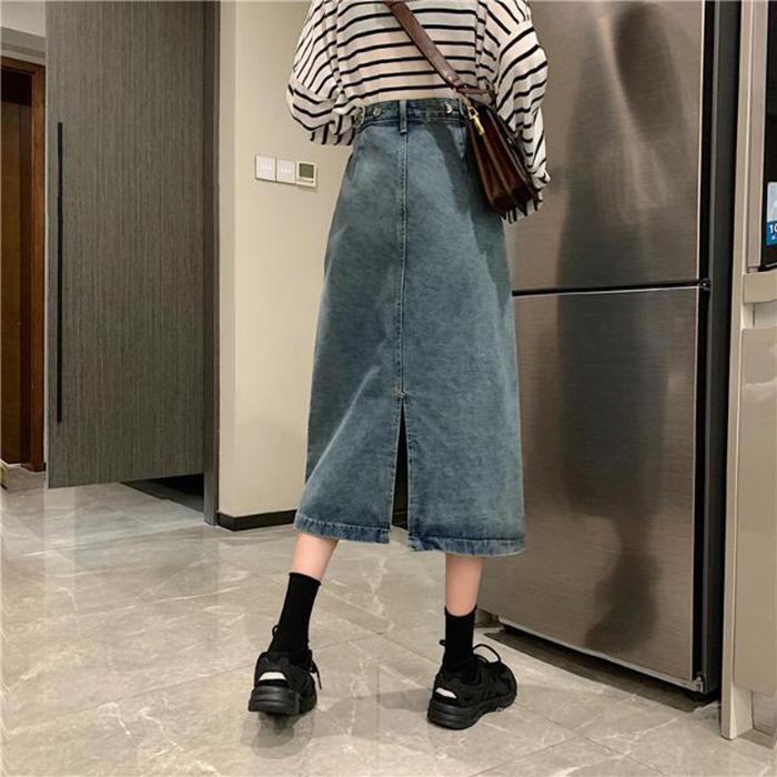 Women Sexy Sweet Solid Denim Skirt High Waist Over The Knee Hip Skirt Casual Club Home Office