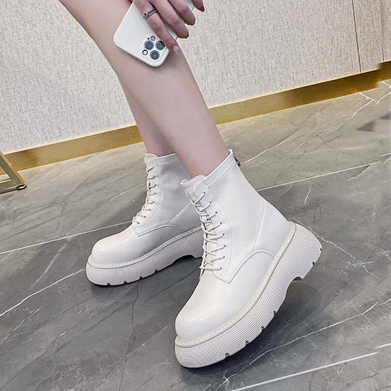 Autumn and Winter Leather Sponge Cake Thick-soled Martin Boots Thin Single Boots Heightening Short Boots All-match
