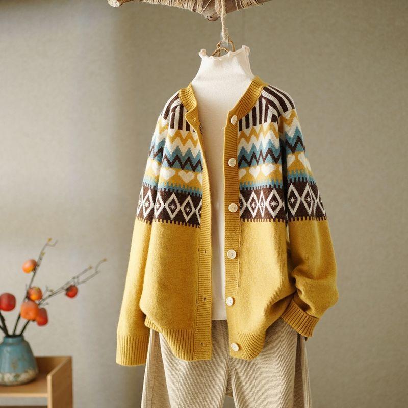 Retro Love Jacquard Round Neck Sweater Loose Ethnic Style Sweater Cardigan Jacket Long-sleeved Warm Casual Jacket