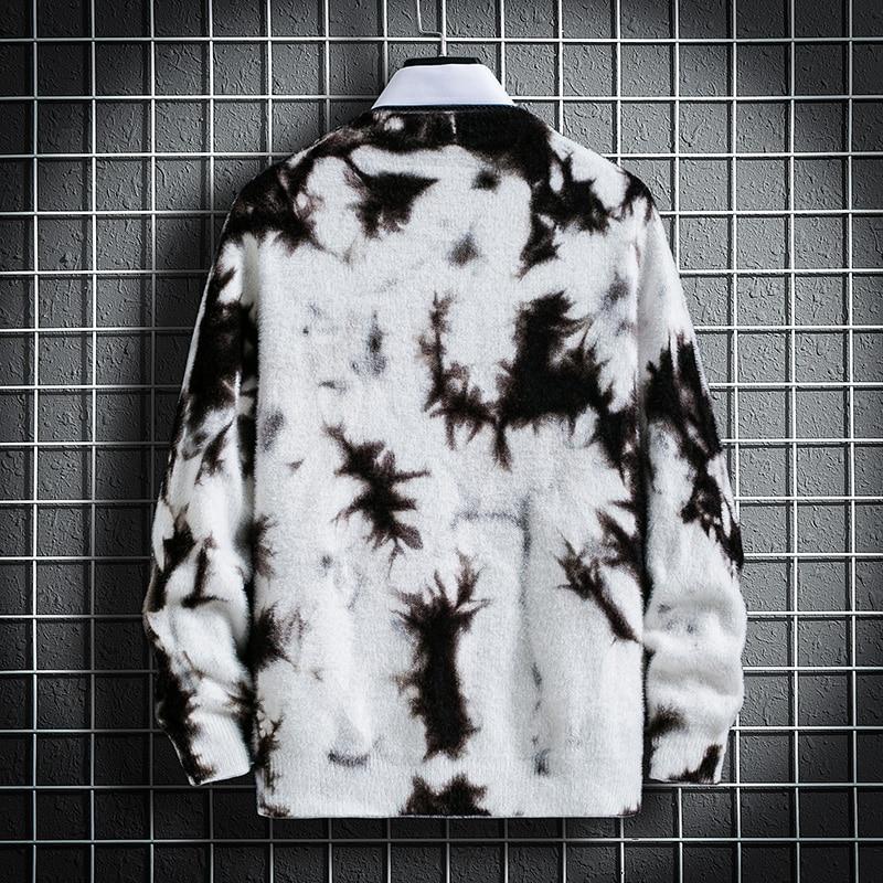 Men Sweater Autumn Winter Tie-dye Printing Men's Knitted Pullover Casual Long Sleeve Imitation Mink Warm Sweater