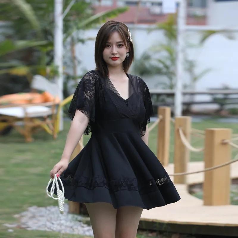 Plus Size Swimsuit Women's Solid Color Lace V-neck Tie Pleated Swimwear with Chest Pad Sexy Backless Beachwear Belly Cover Skirt Separate Swimsuit