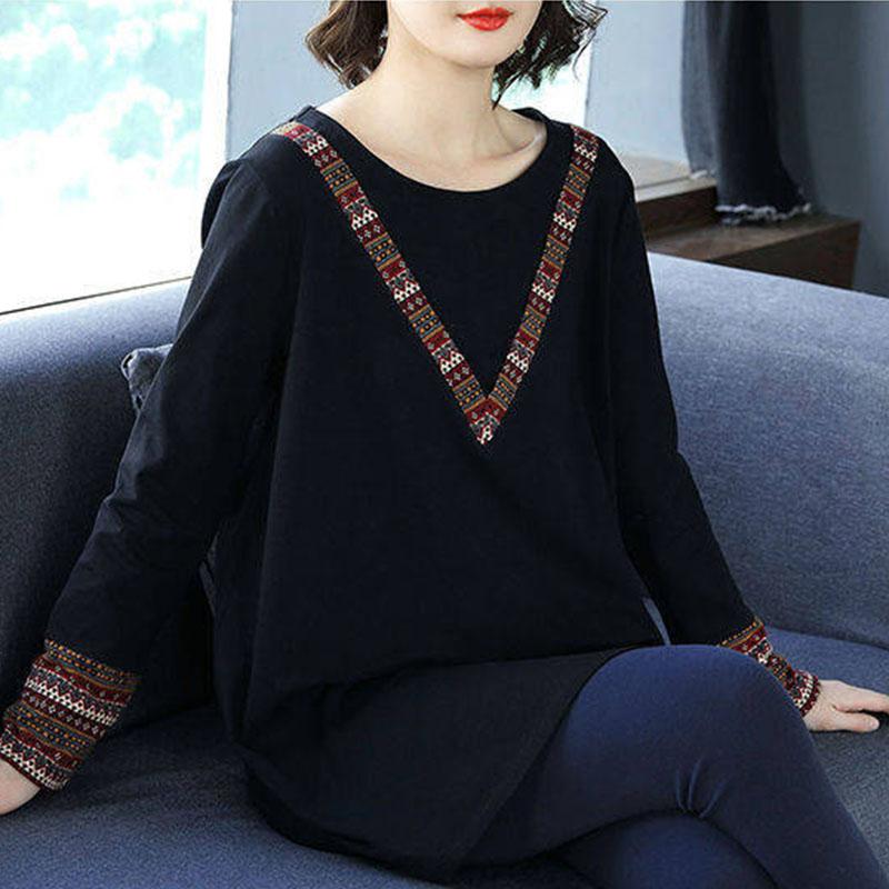 Women's Fashion Casual Tops Splicing Ethnic style Long Sleeve Ladies Loose O-Neck Sweatshirt Pullovers