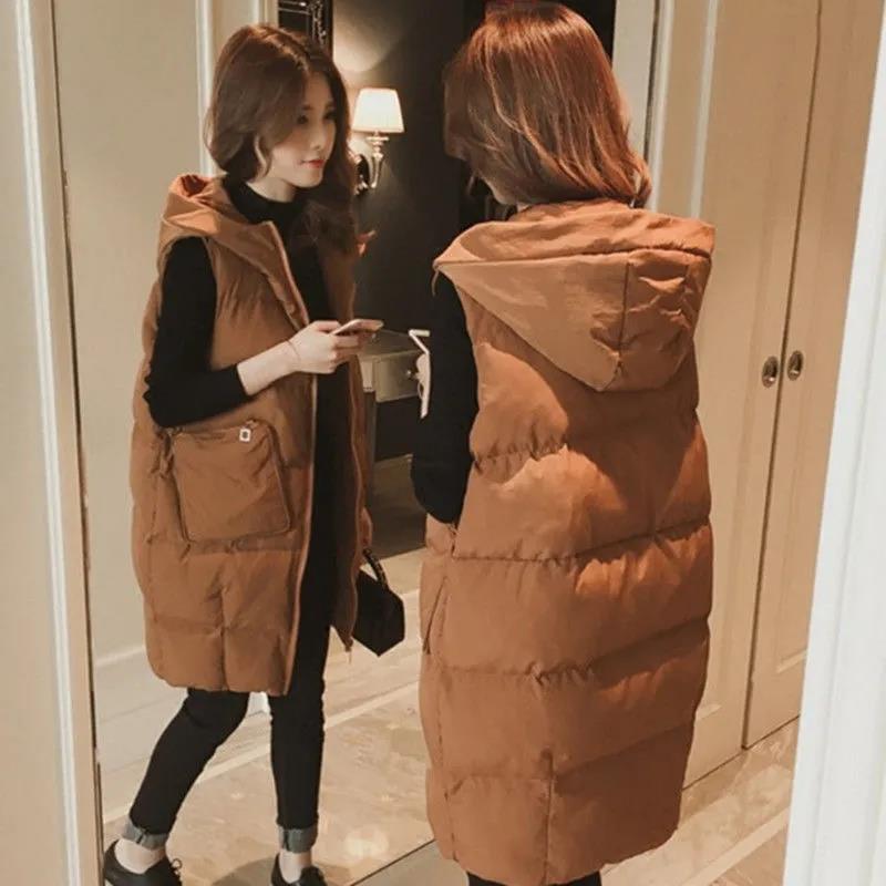 Winter Ladies Hooded Down Vest Jacket Fashion Glossy Down Cotton Sleeveless Jacket Thicken Warm Winter Vest