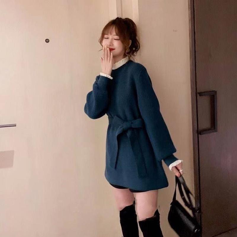 Autumn and Winter Korean Mid-length Red Knitted Sweater Women's Waist Lace Fake Two-piece Blouse