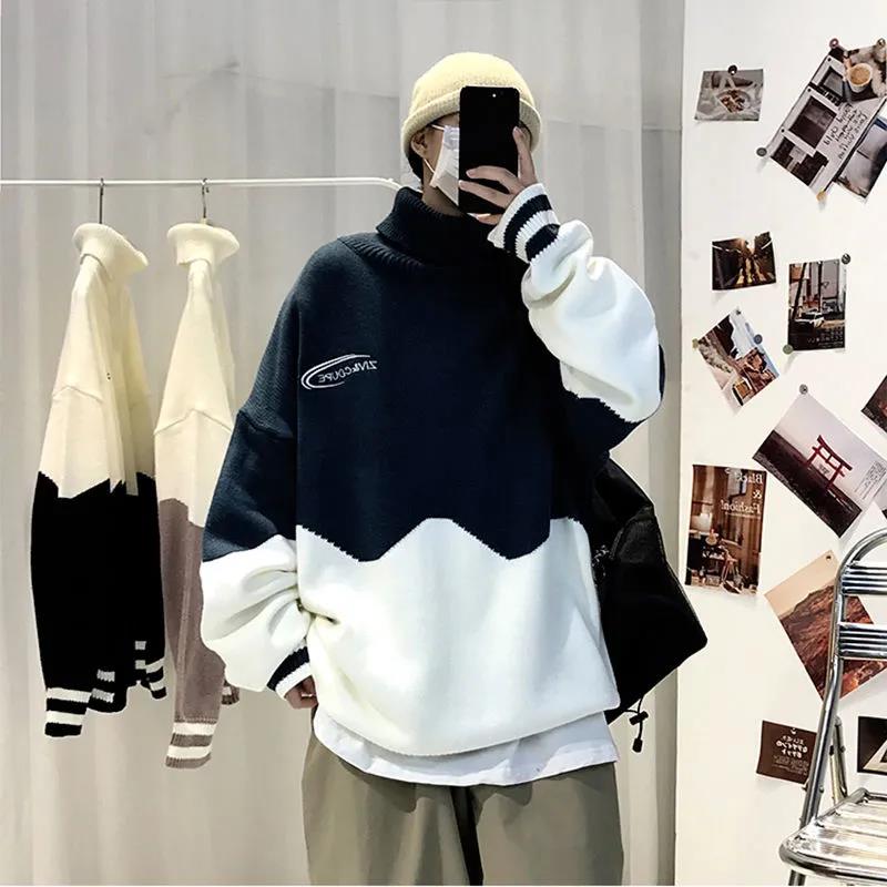 Warm Autumn and Winter Color Matching Turtleneck Sweater Men's Bottoming Shirt Thicker Loose All-match Outer Jacket