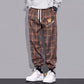 Retro Plaid Straight Pants Men's Hip Hop Loose Casual Drawstring Sports Trousers Cropped Ankle Pants