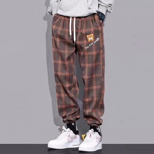 Retro Plaid Straight Pants Men's Hip Hop Loose Casual Drawstring Sports Trousers Cropped Ankle Pants