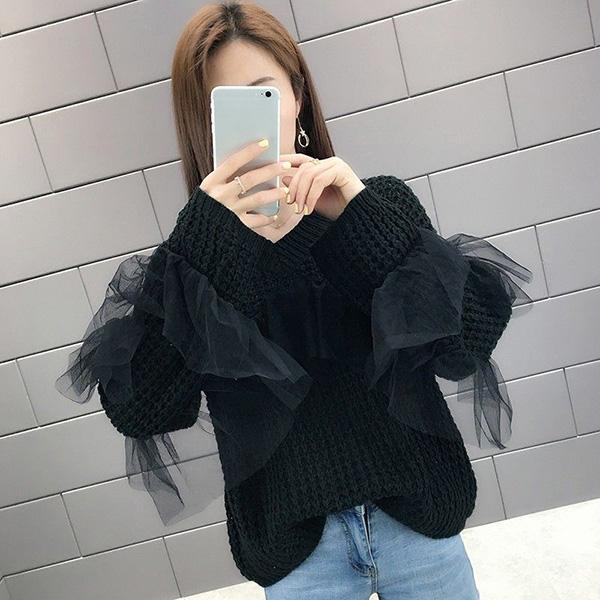 Hollow Lace Stitching Sweater Autumn and Winter Fashion Bottoming Shirt Solid Color Long-sleeved V-neck Sweater Casual All-match Top