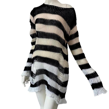 Sweater Women Stripe Ripped Pullover Mid-length Punk Loose Openwork Knitwear Top Trending Aesthetic Purple Sweater Dress Jumper
