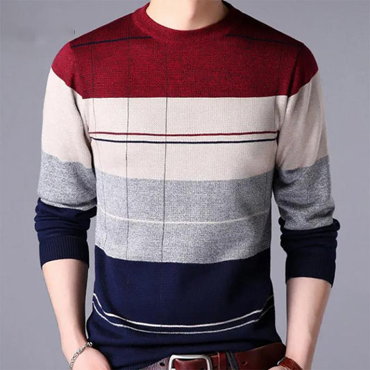 Genuine Men's Sweatshirts Long-sleeved Knit Sweater Plus Velvet Thick Sweater Youth Autumn Round Neck Stripes