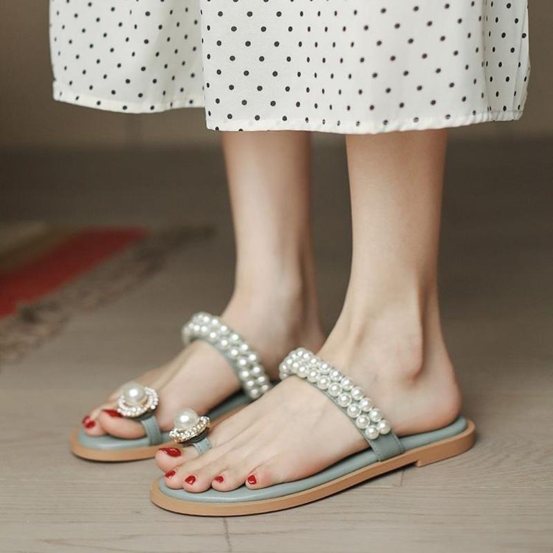 Sandals Women's Summer Flat Bottom All-match Pearl Rhinestone Sandals Fairy Style Beach Slippers Women's Outer Wear