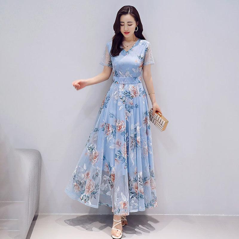 Embroidered Net Yarn Printed Chiffon Dress Summer Long Waist Short-sleeved Beach Skirt Long Skirt Temperament Elegant Long Skirt Women