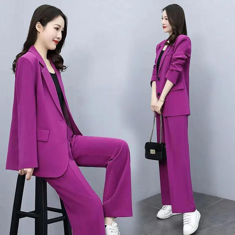 2PCS Women's Spring Suit Suit Professional Wide Leg Pants + Loose Jacket Two-piece Ladies Casual Elegant Suit
