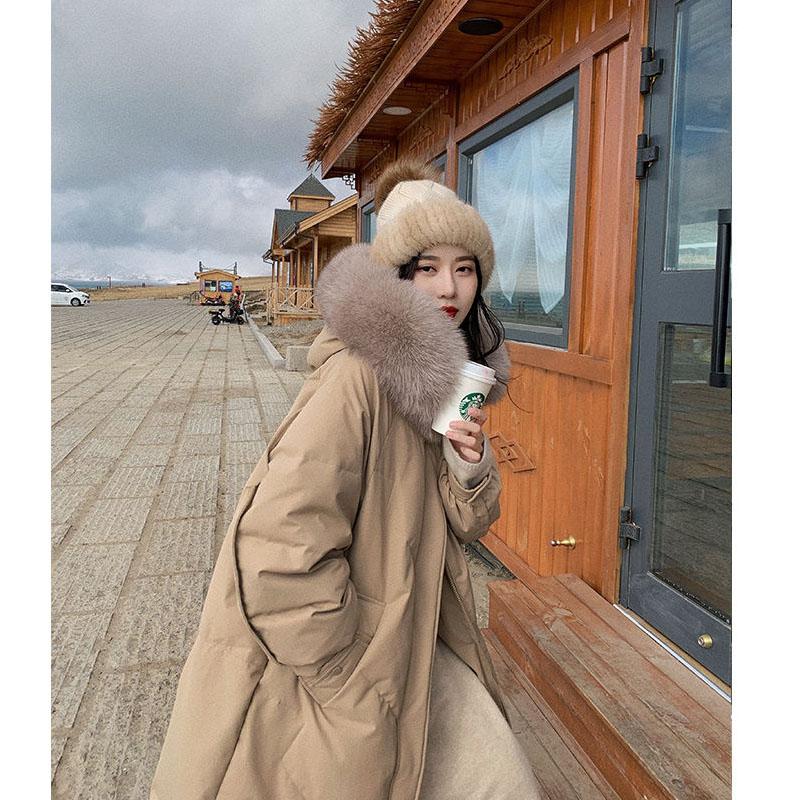 Down Jacket Women's Mid-length White Duck Down Korean Style Loose Over-the-knee Jacket Design Sense of Winter Big Fur Collar Tide