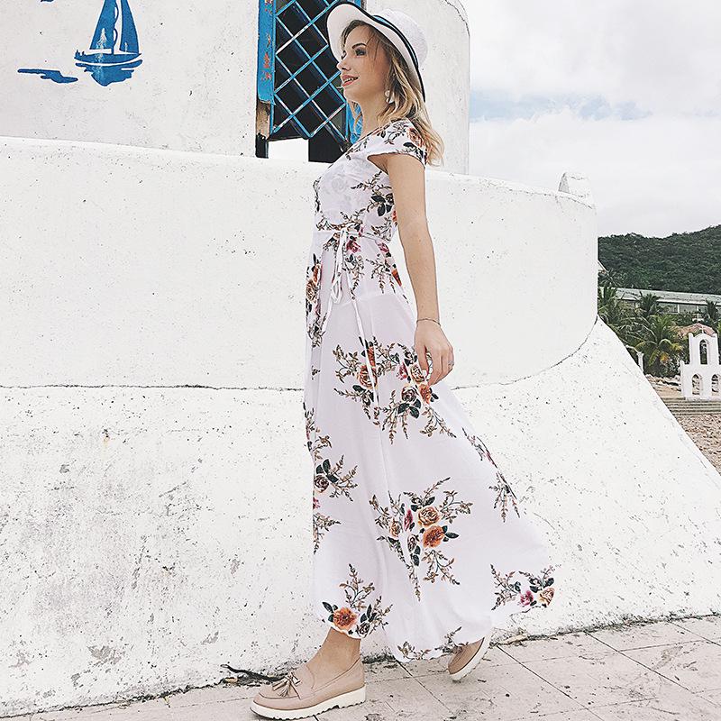 Women Sexy V-neck Printed Chiffon Sexy Split Beach Beach Holiday Casual Dress