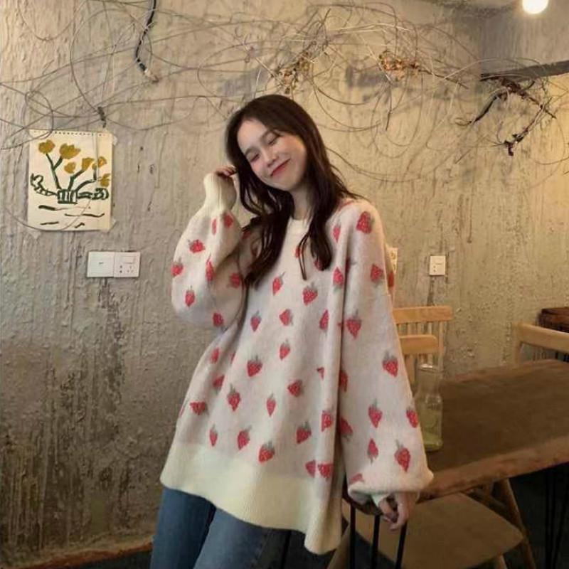 Autumn and Winter Knitted Strawberry Sweater Female Loose Round Neck Long Sleeved Sweater
