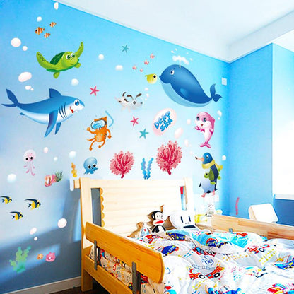 [Wall sticker] Cartoon ocean fish wall stickers for kids rooms bedroom nursery bathroom tile home de