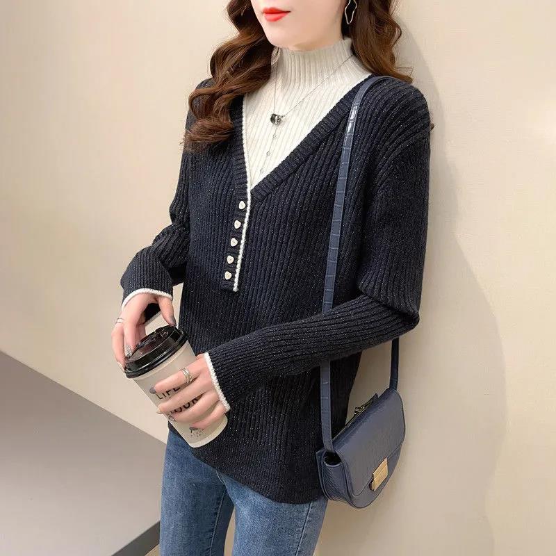 Autumn and Winter Women's Half Turtleneck Sweater Fake Two Pieces Stitching Loose Knit Sweater Fashion Loose Large Size Pullover