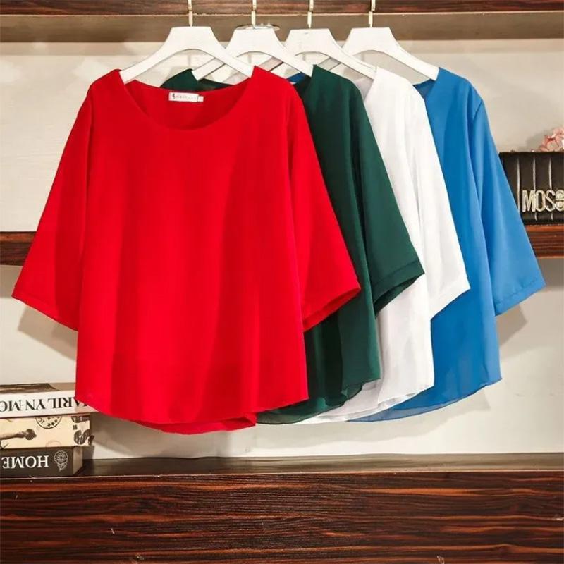 Solid Color Round Neck Pullover Shirt Chiffon Shirt Five-point Sleeves Plus Fat Plus Size Women's Loose and Thin