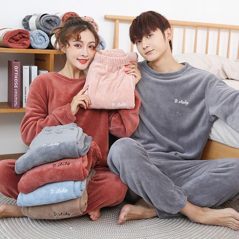 Women's Winter Thickening Plus Velvet Warm Coral Velvet Pajamas Loose Home Couple Suit