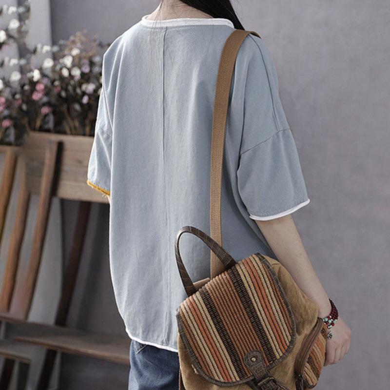 Pure Cotton Summer Printing Literary Short-sleeved T-shirt Ladies Loose Casual Comfortable Top Breathable