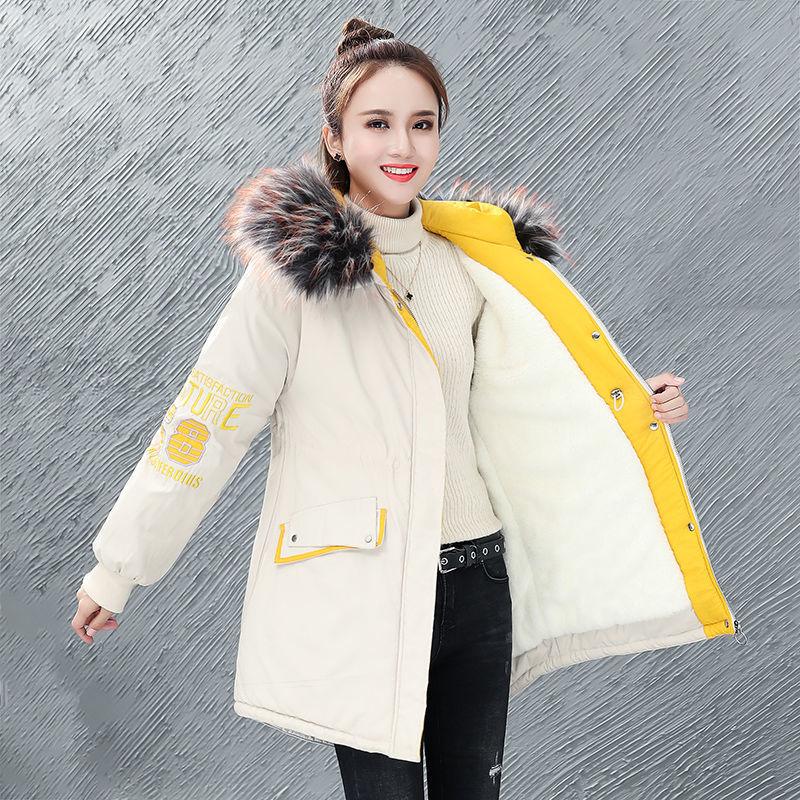 Winter Mid-length Loose Cotton Jacket Korean Version Plus Velvet Thick Coat Embroidery Hit Color Ladies Parkas