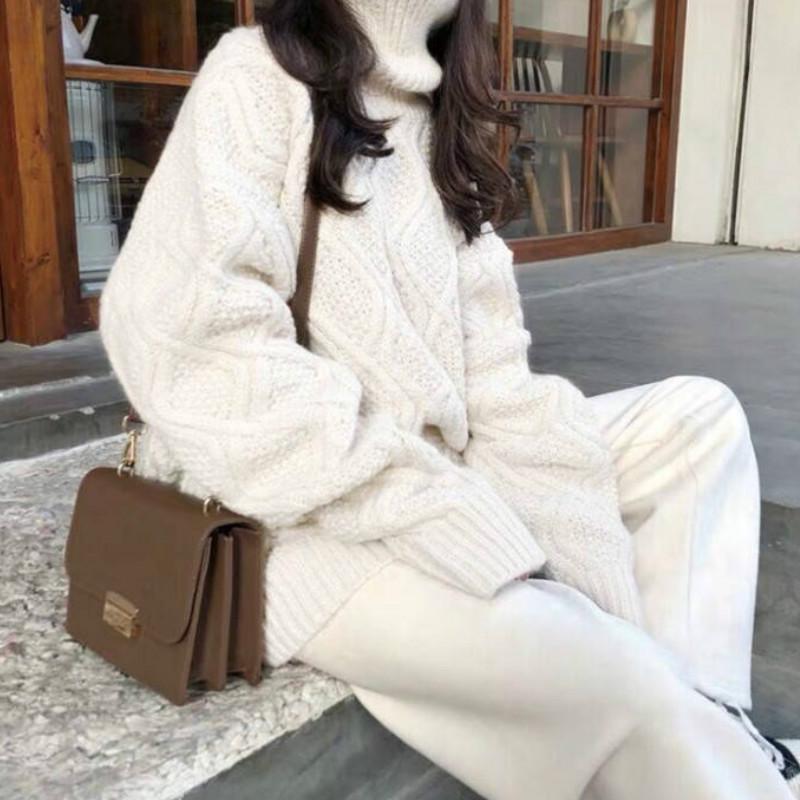 Pofulove Thick Solid Color Twist Turtleneck Sweater Schoolgirl Winter Warm Sweet Pullover Sweater Coat