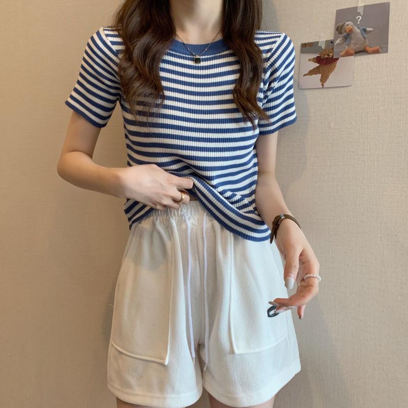 Thin Striped Ice Silk T-Shirt Women Summer Slim Short Knitted High Waist Top Short Sleeve