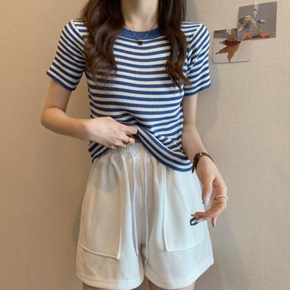 Thin Striped Ice Silk T-Shirt Women Summer Slim Short Knitted High Waist Top Short Sleeve