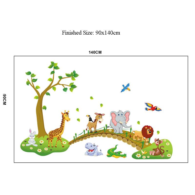 3d Cartoon Wall Stickers Jungle Wild Animal Tree Bridge Lion Giraffe Elephant Birds Flowers For Kids