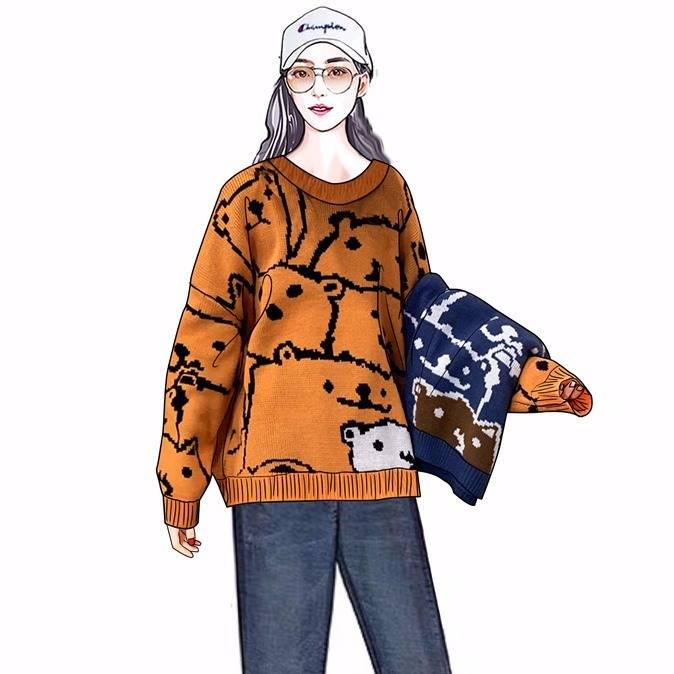 Winter Sweet Jacquard Pullover Sweater Women Loose Long Sleeve Knitted Round Neck Sweater