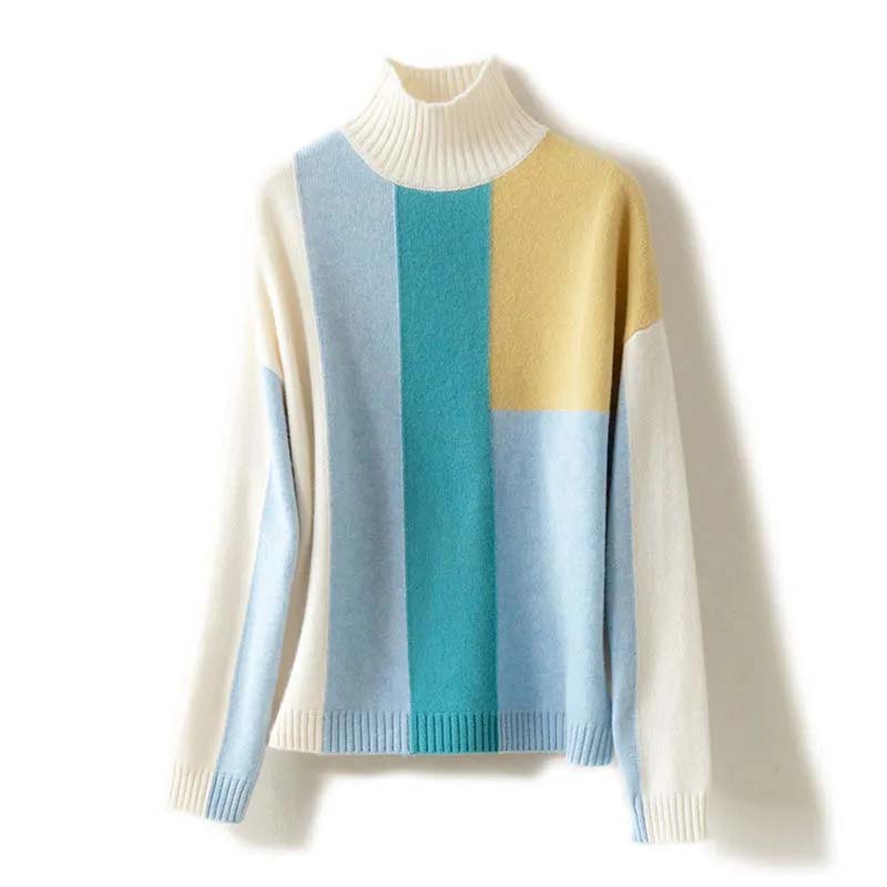 2021 Autumn and Winter New Half-high Neck Color Matching Knitted Sweater Women Loose Casual Pullover